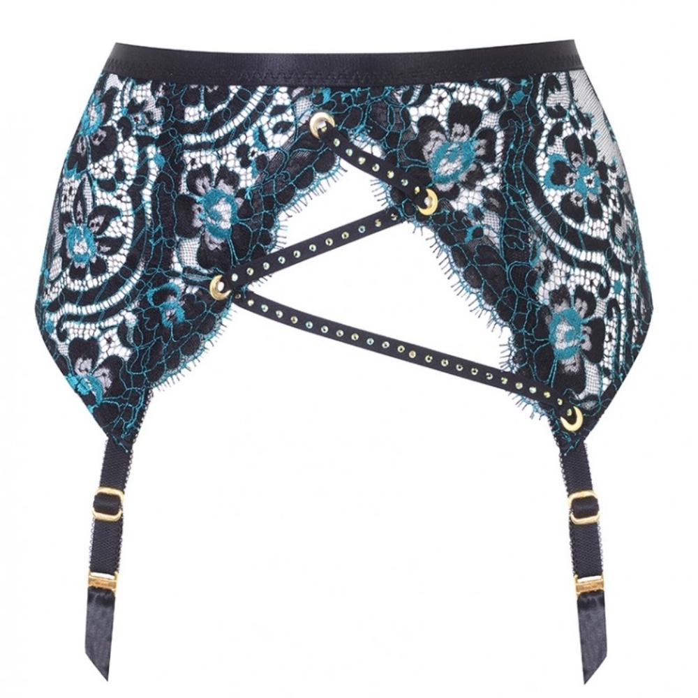 Agent Provocateur Harlo Black Teal Suspender  NWT $535